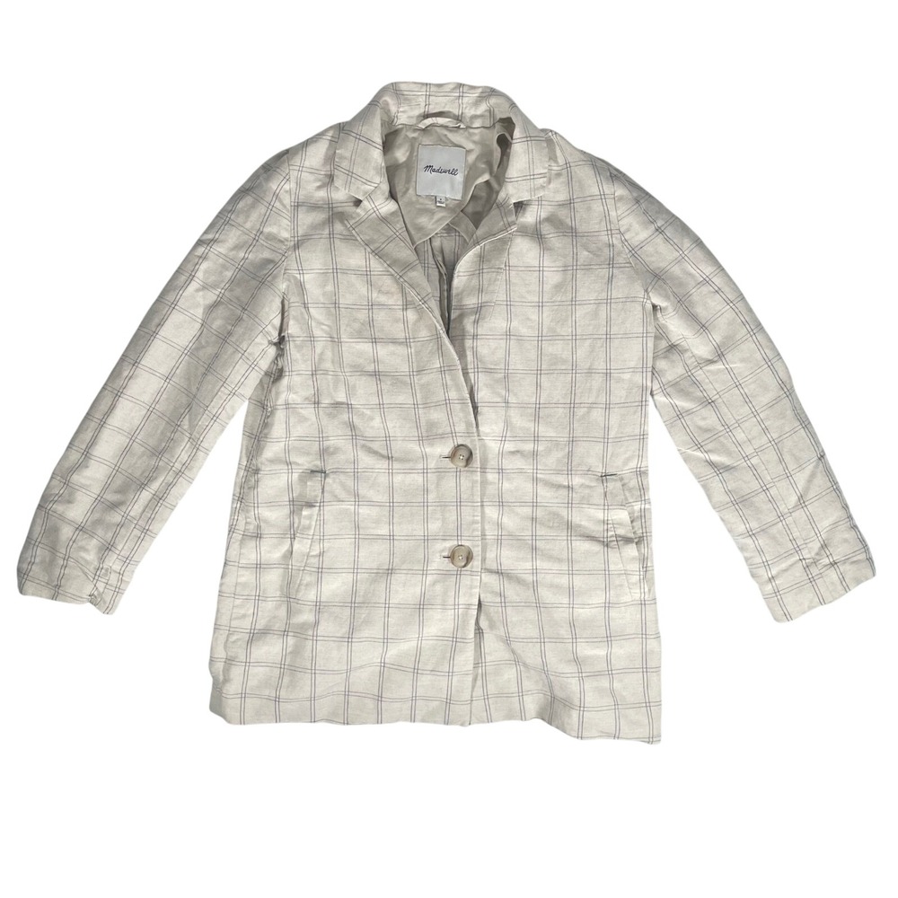 Madewell Mens Small Linen Blend Windowpane Plaid Blazer Jacket Cream Grey S
